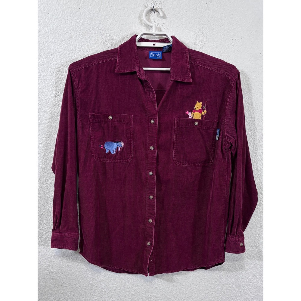 Pooh Button Down Shirt Women Medium Maroon Corduroy Winnie Eeyore Vintage Y2K